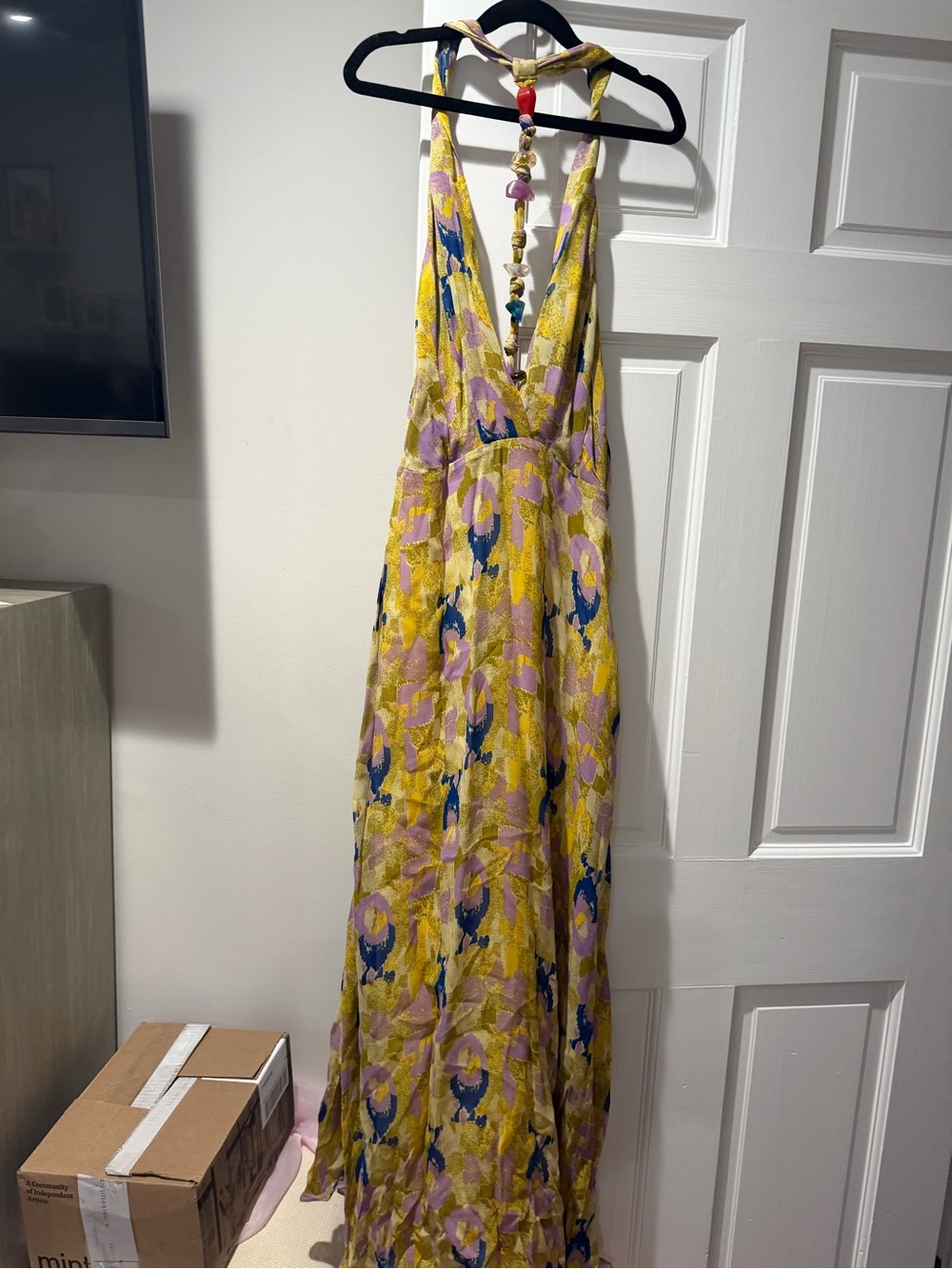 Zara Yellow Floral Halter Midi Dress with Purple and Blue Accents